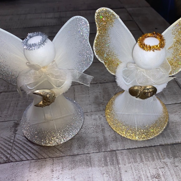 Vintage style white chenille angels silver gold glitter tabletop 8” - Picture 1 of 5